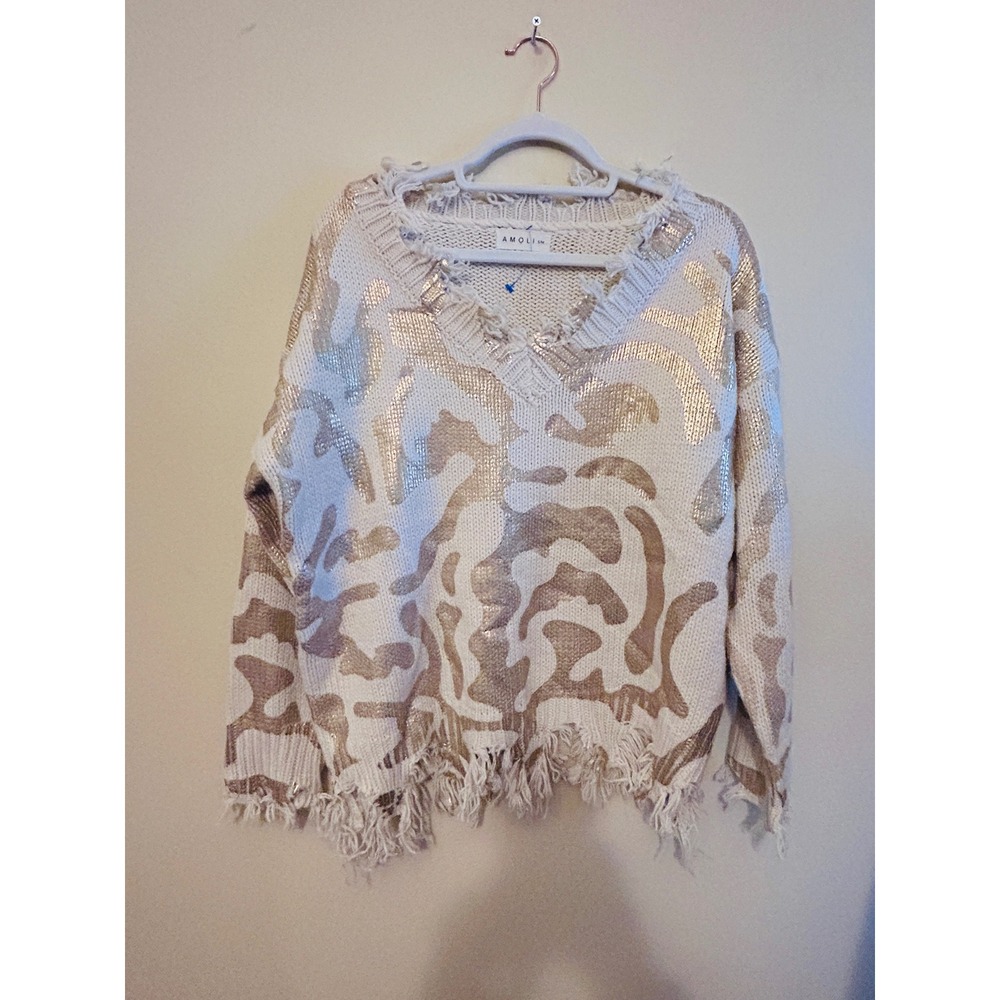 Amoli Distressed Sweater Womens S/M Cream Gold Excellent Metallic Foil V-Neck‎